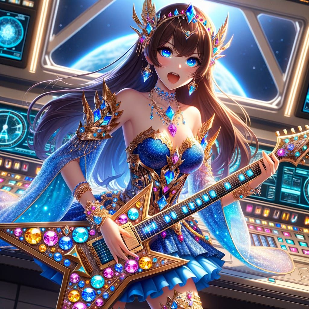 Anime Woman in Celestial Armor Plays Guitar
