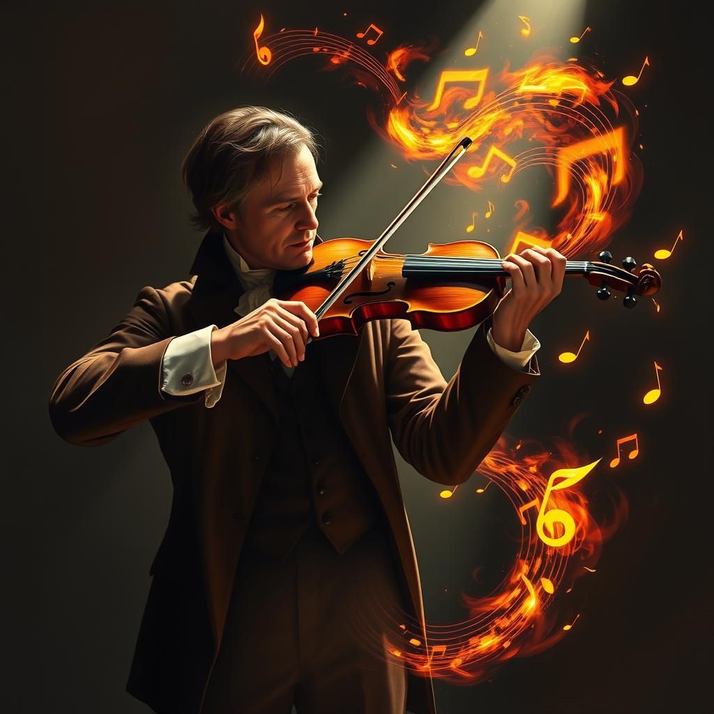 Fiery Violinist in a Dimly Lit Room