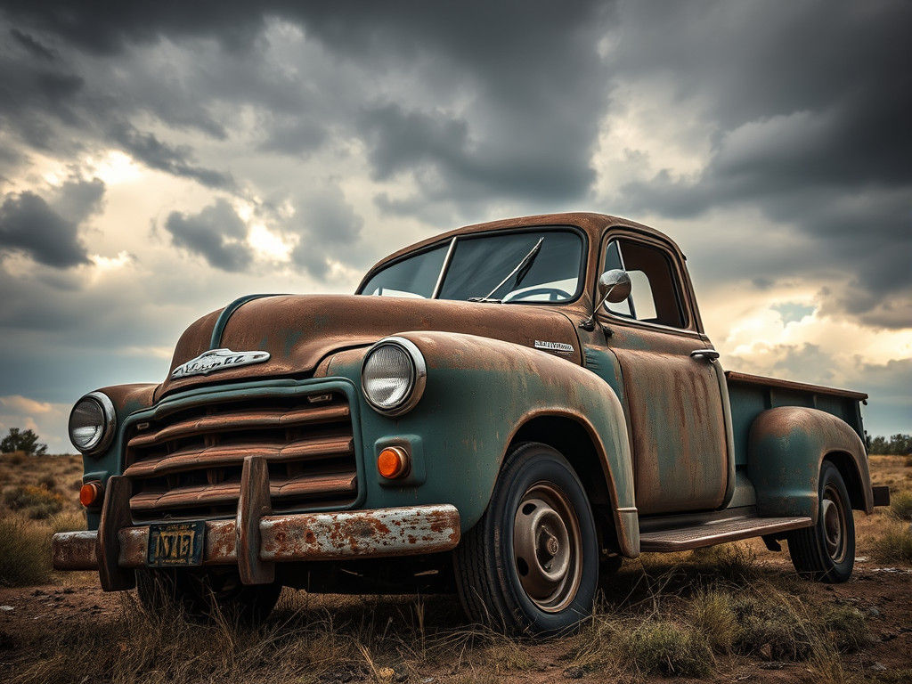 Weathered Pickup Truck Under Stormy Sky: Hyperrealistic Phot...