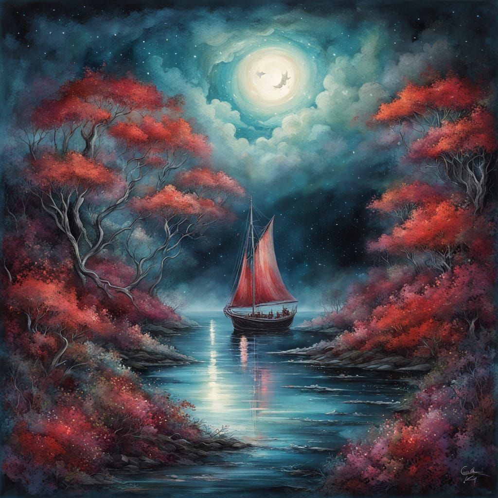 Surreal Sailboat Under Starry Skies