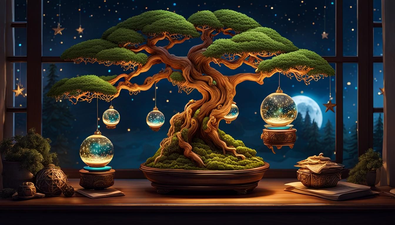 Psychedelic Christmas Bonsai Treehouse in Starry Night