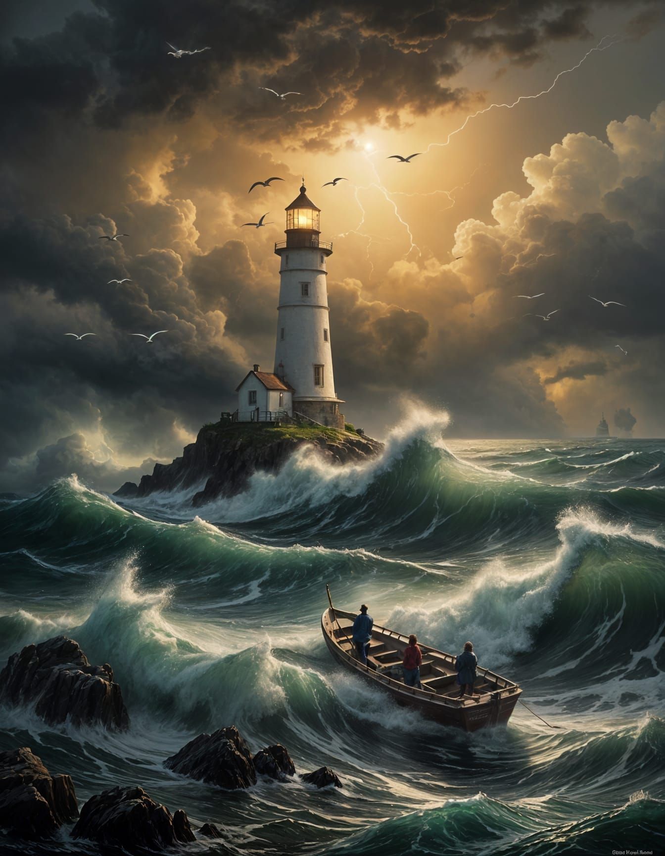 Stormy Seascape: Lighthouse Beacons in the Night