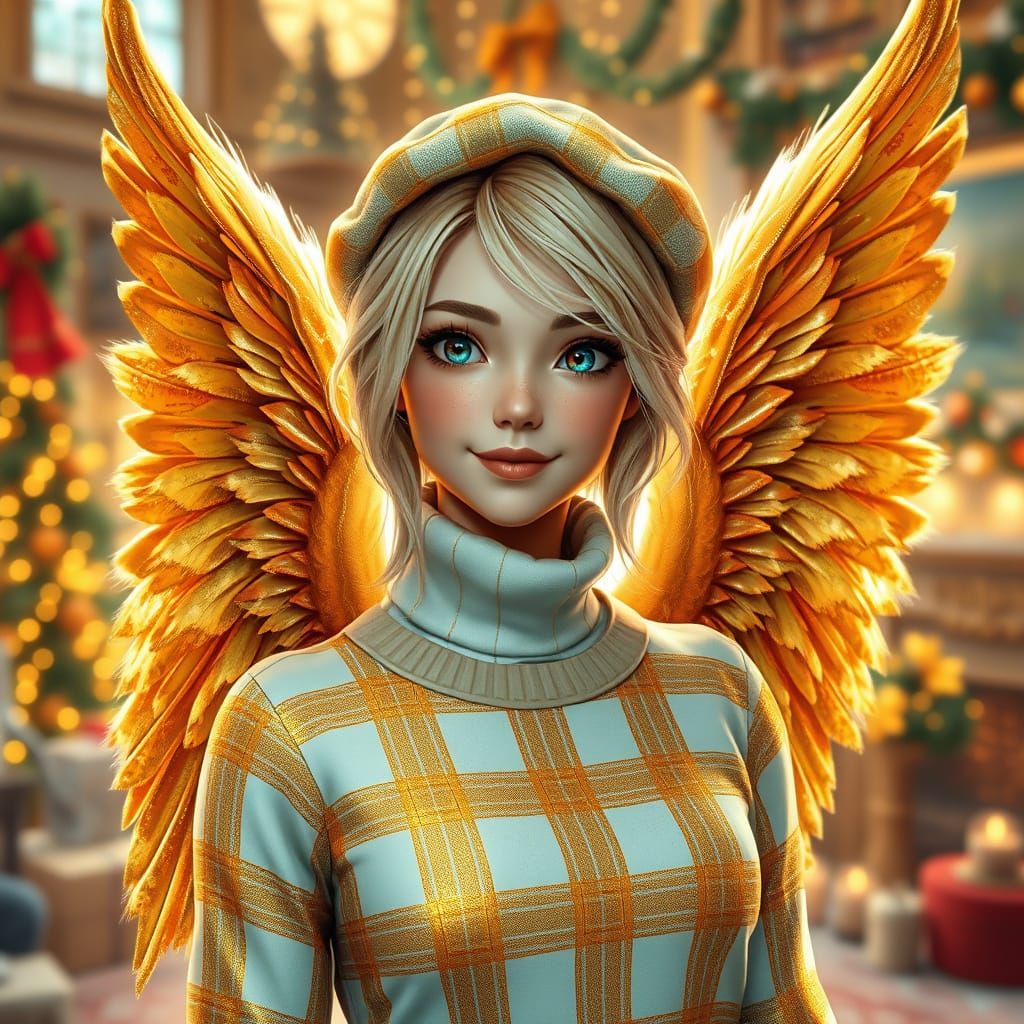 Angel in Gold Plaid Gown, Holiday Room, Alcohol Ink Style