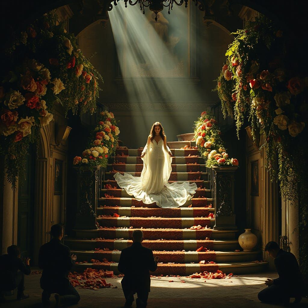 Ethereal Figure Ascends Grand Staircase in Darkly Romantic S...