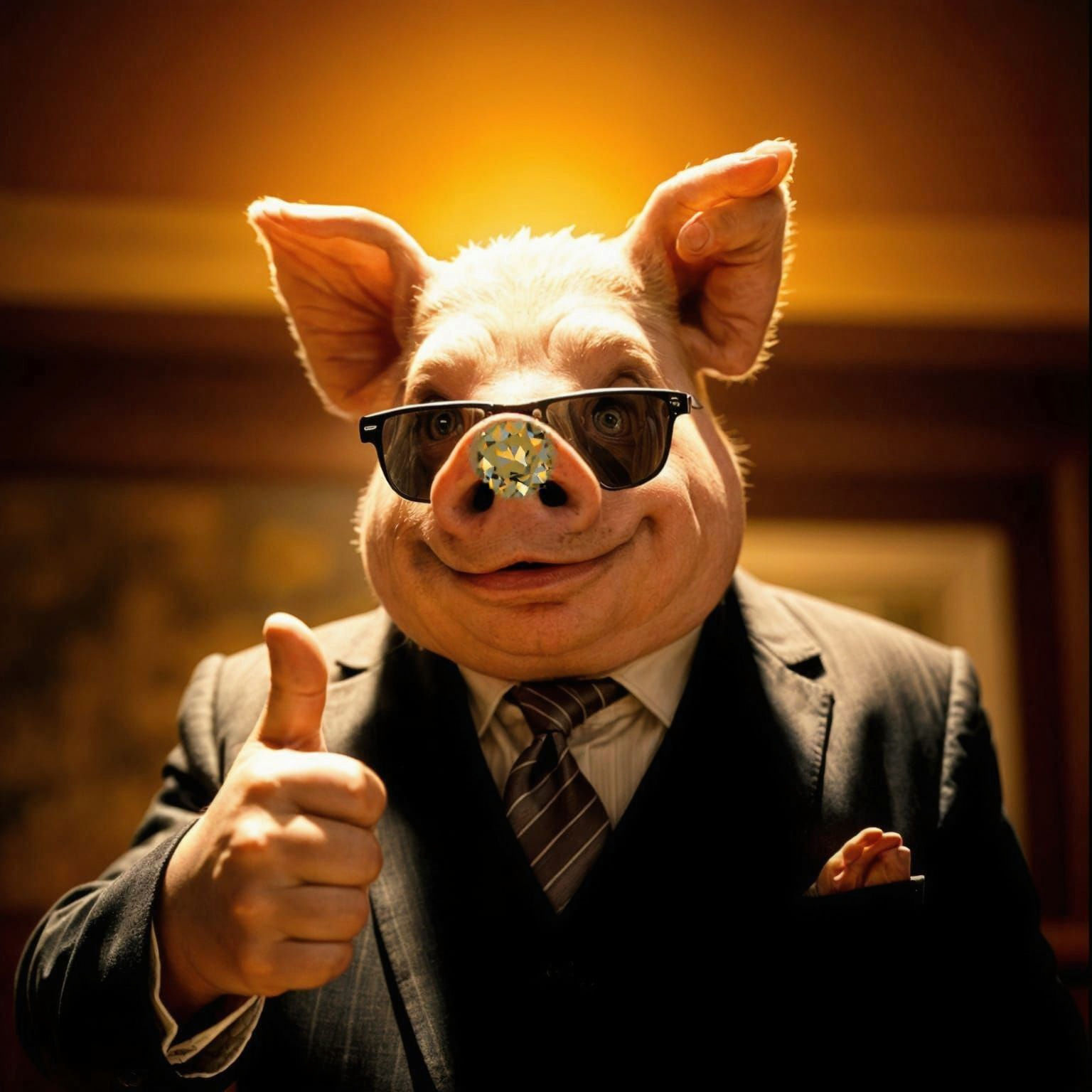 Cinematic Pig Man Gives a Thumbs Up in Warm Golden Light
