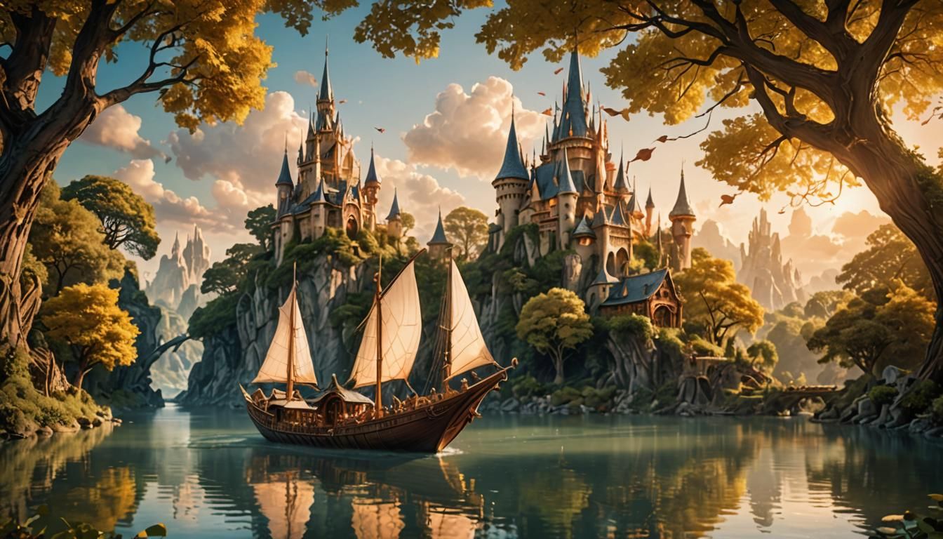 Elven Boat Glides Down River in Fantasy Landscape
