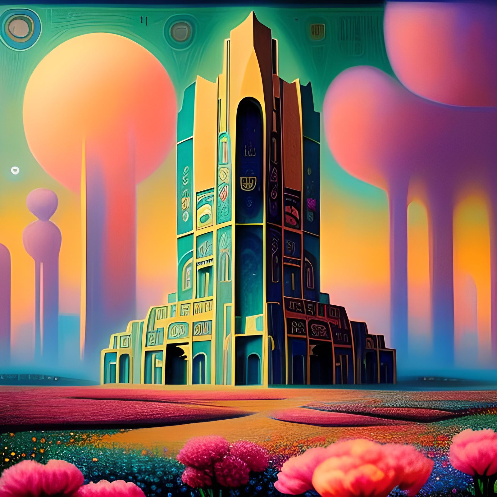 Futuristic Building in Dreamlike Floral Field