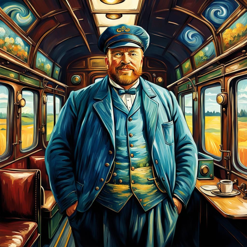 Train conductor standing and smiling inside beautiful steam ...