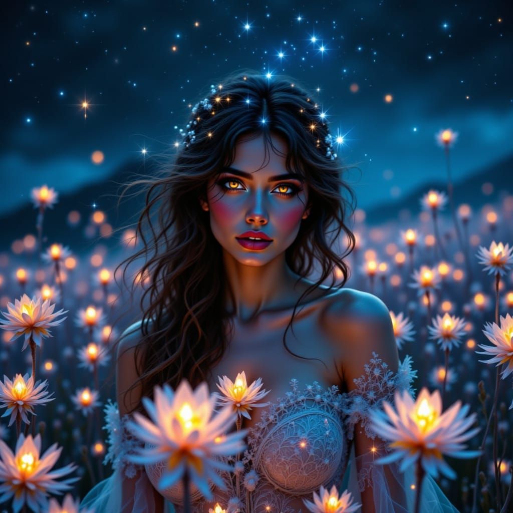 Bioluminescent Beauty in Starry Field: Hyperrealistic Render...