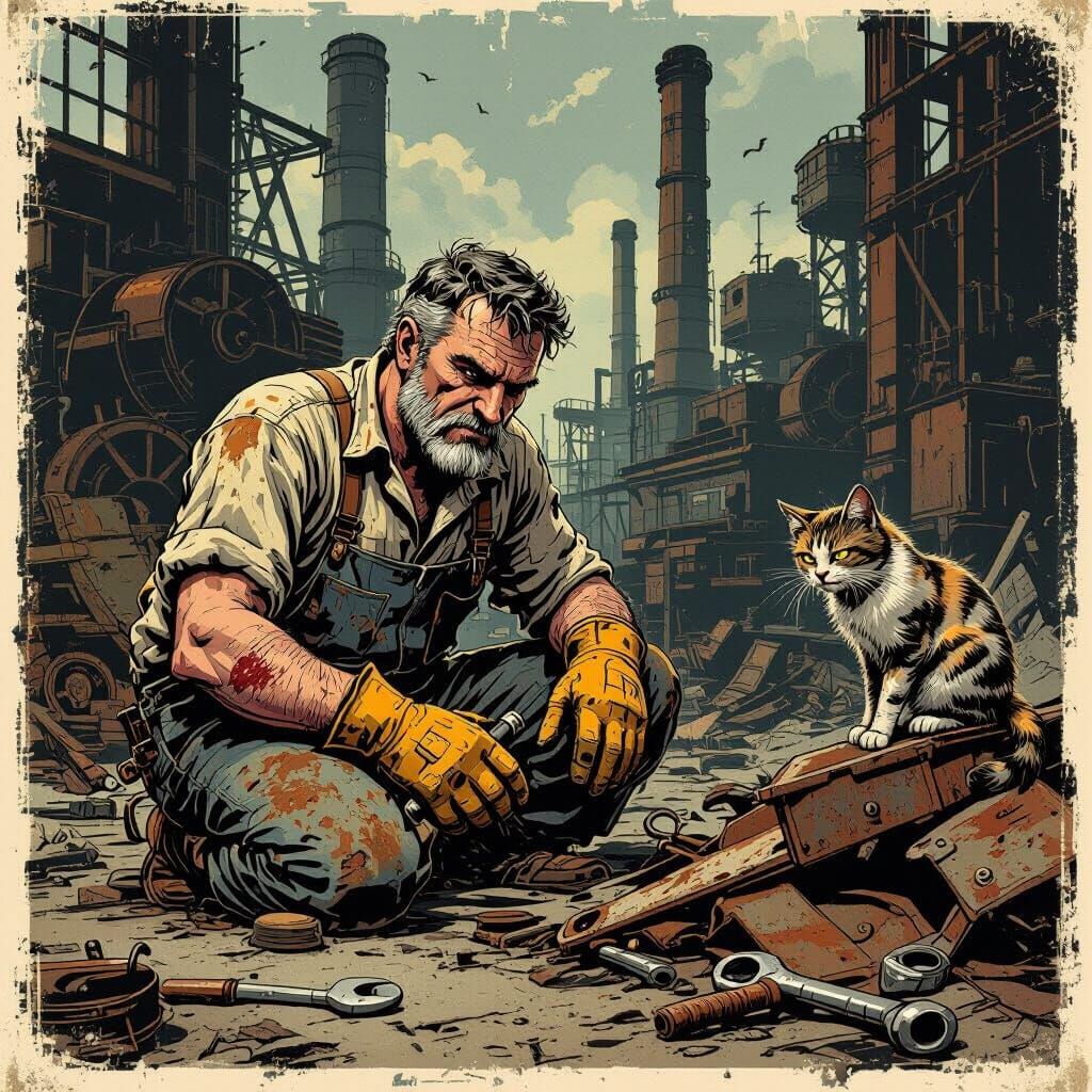 Mechanic in Collapsed Factory, Vintage Comic Style
