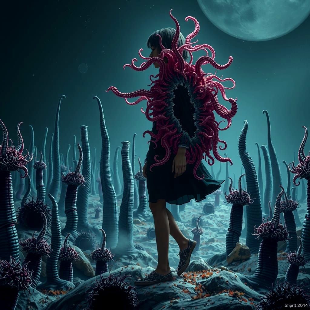 Surreal Figure in Bismuth Landscape