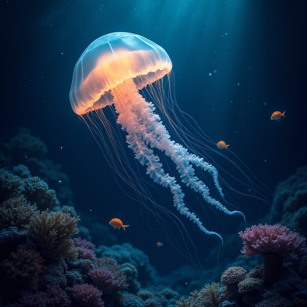 Bioluminescent Jellyfish Glides Through Deep Ocean in Mucha ...