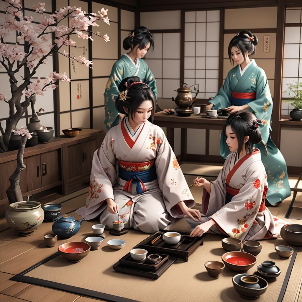 Kimono Girls Perform Traditional Tea Ceremony