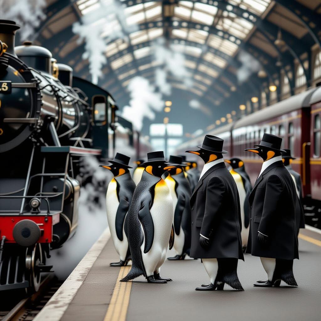 Penguins in Vintage Fashion at Retro-Futuristic Station