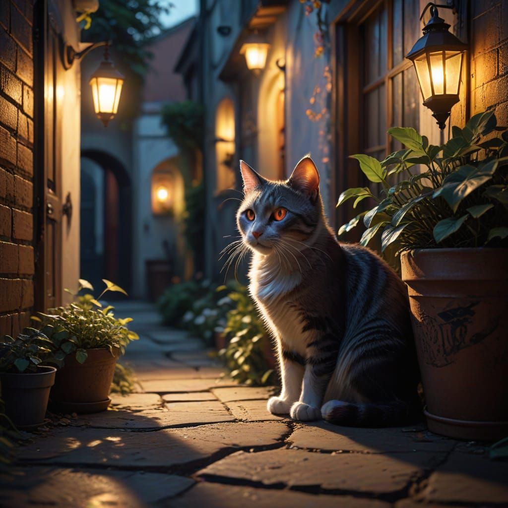 Mysterious Cat in Shadowy Alleyway with Glowing Eyes