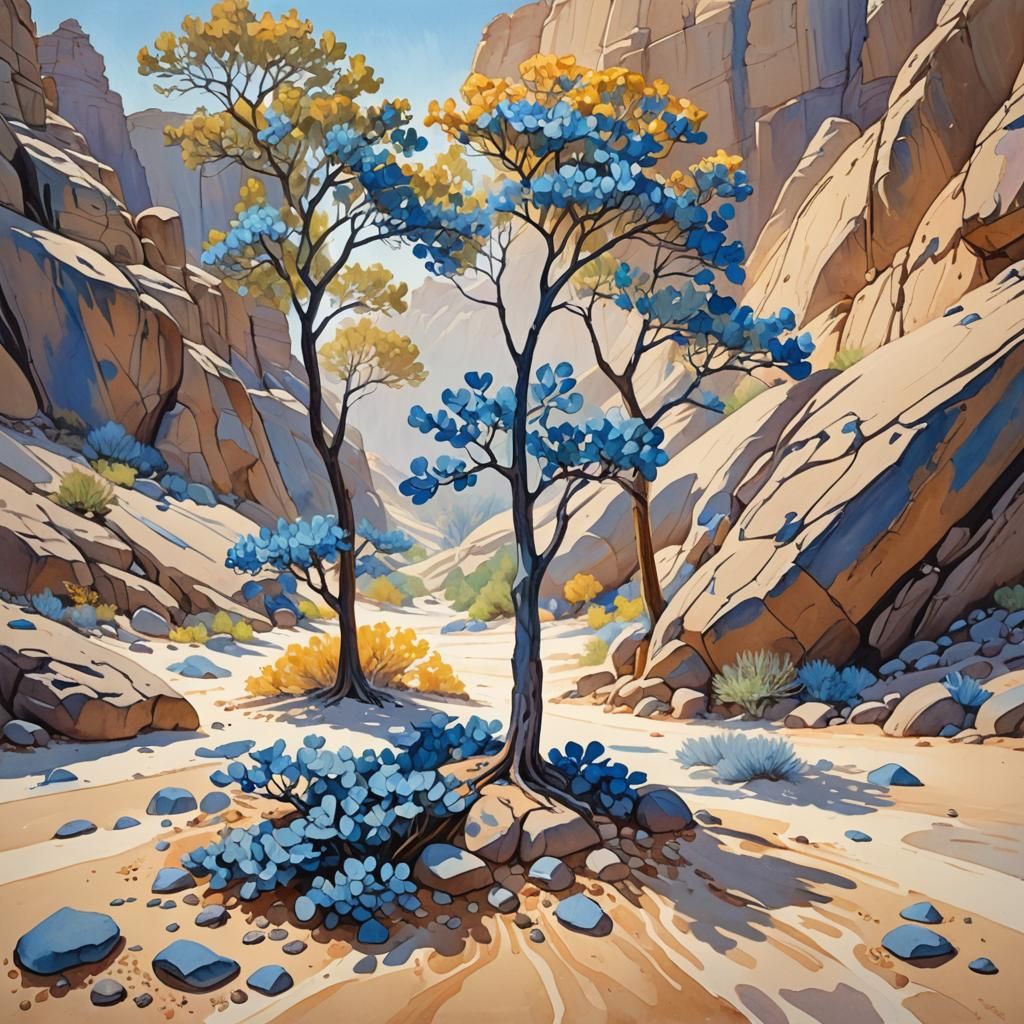 Whimsical Gouache: Blue-Leaf Trees in Dream Landscape