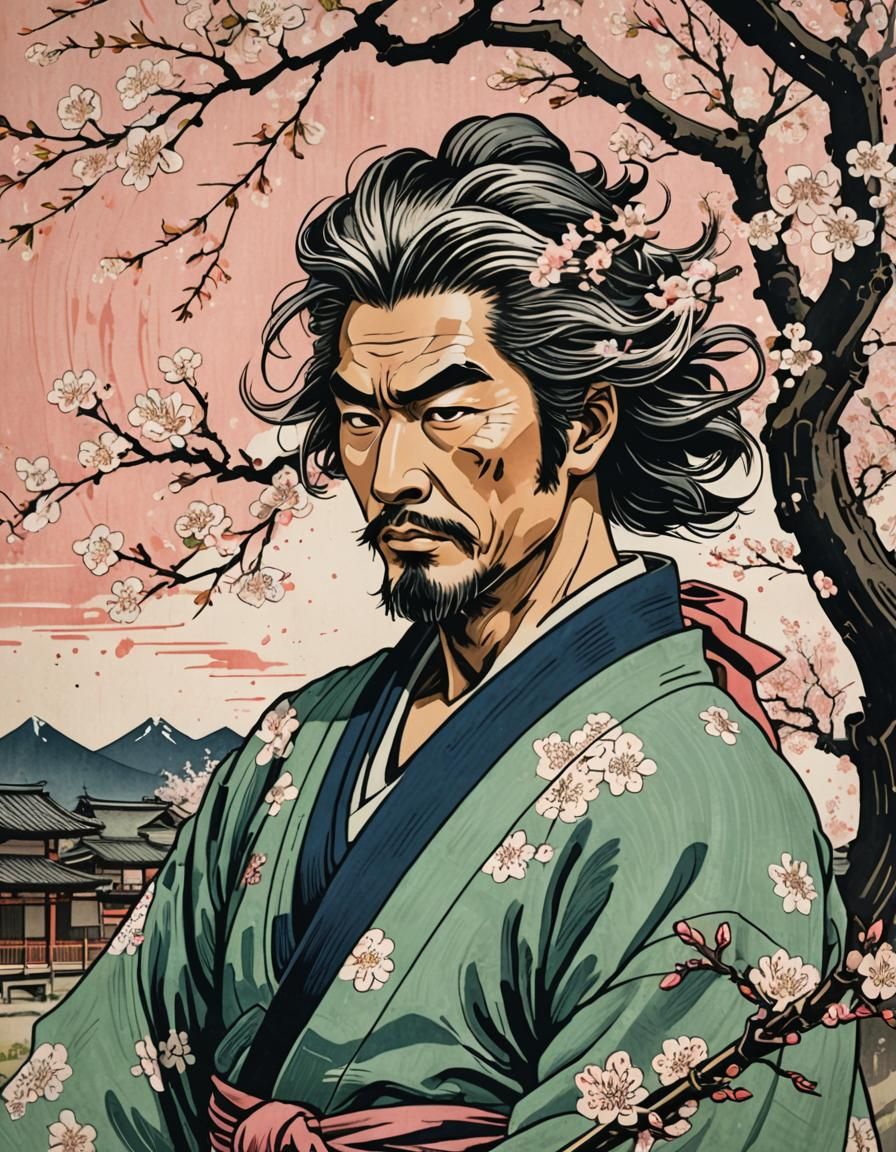 Samurai Amidst Cherry Blossoms: A Japanese Woodblock Print