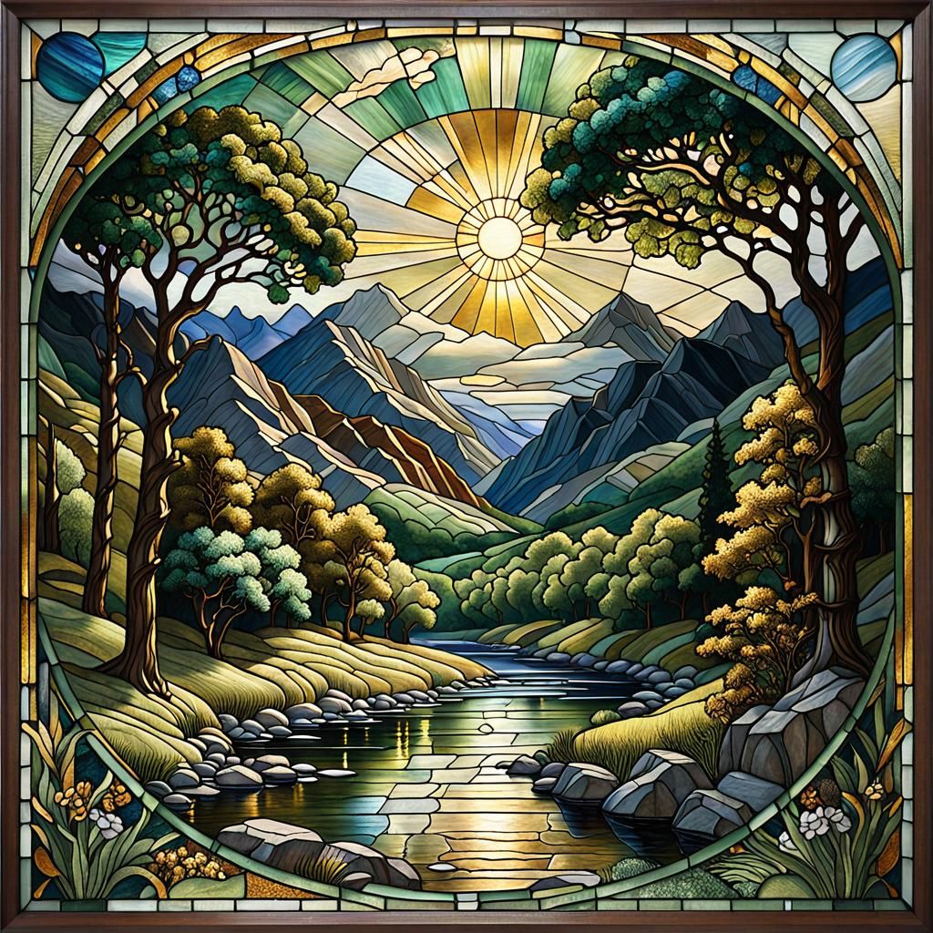 Art Deco Stained Glass Mountain River Valley
