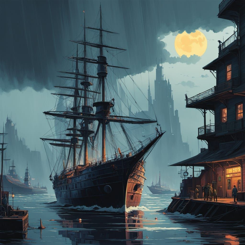 Majestic Sailing Ship in Turbulent Harbor