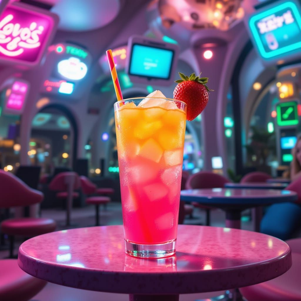 Vibrant Neon Strawberry Lemonade in Futuristic Pop Art Style