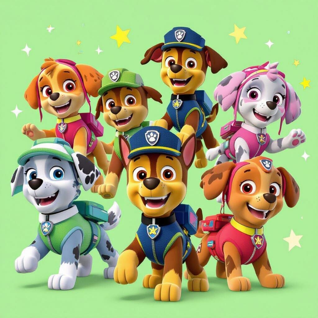 Paw Patrol Characters Dancing in Vibrant Cartoon Style