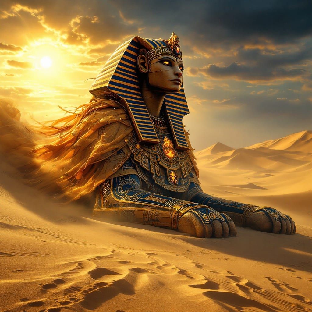 Sphinx in Tribal-Adorned Attire, Guarding Ancient Desert Lan...