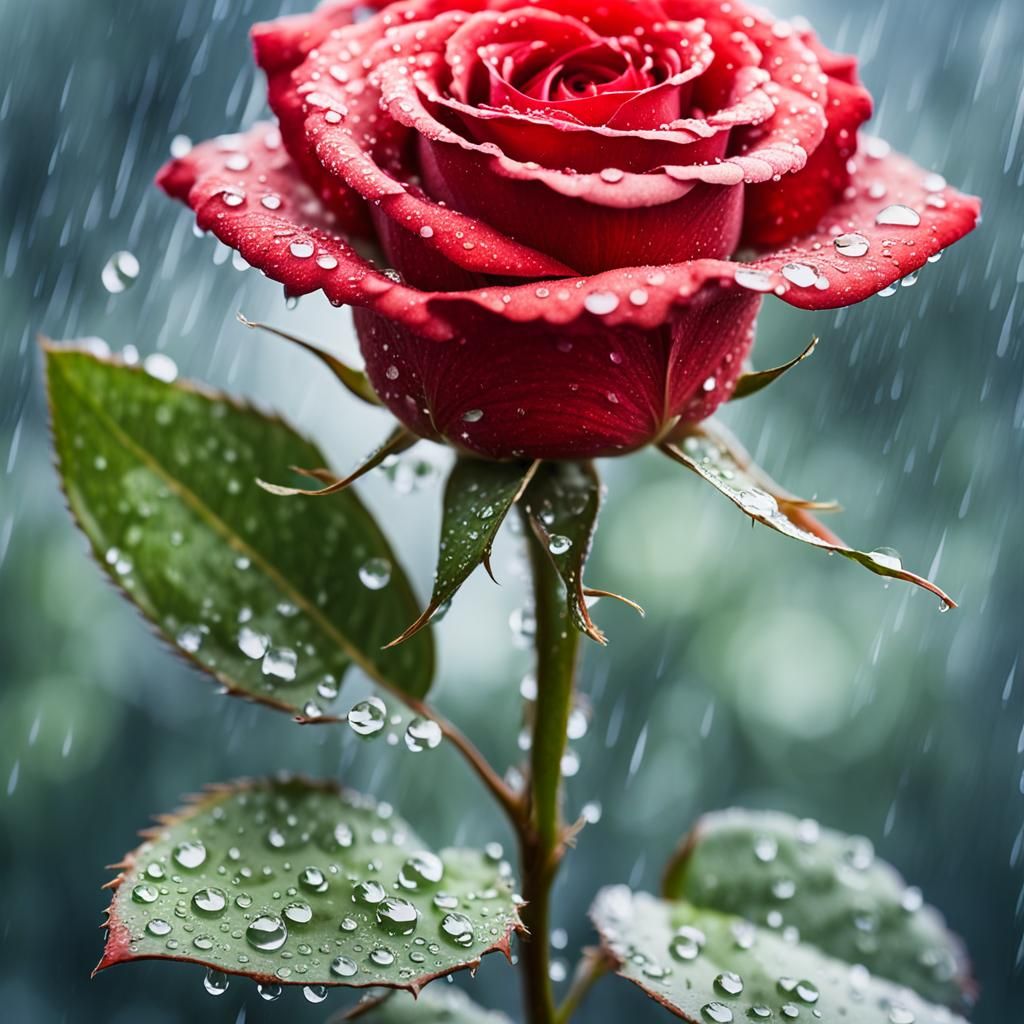 Rain-Kissed Red Rose with Watercolor Background