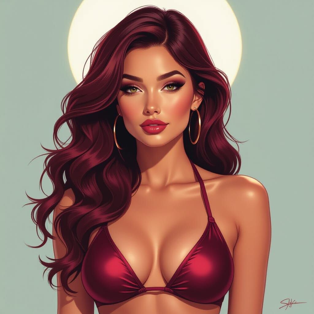 Curvaceous Woman in Silky Bikini: Digital Art in Ross Style