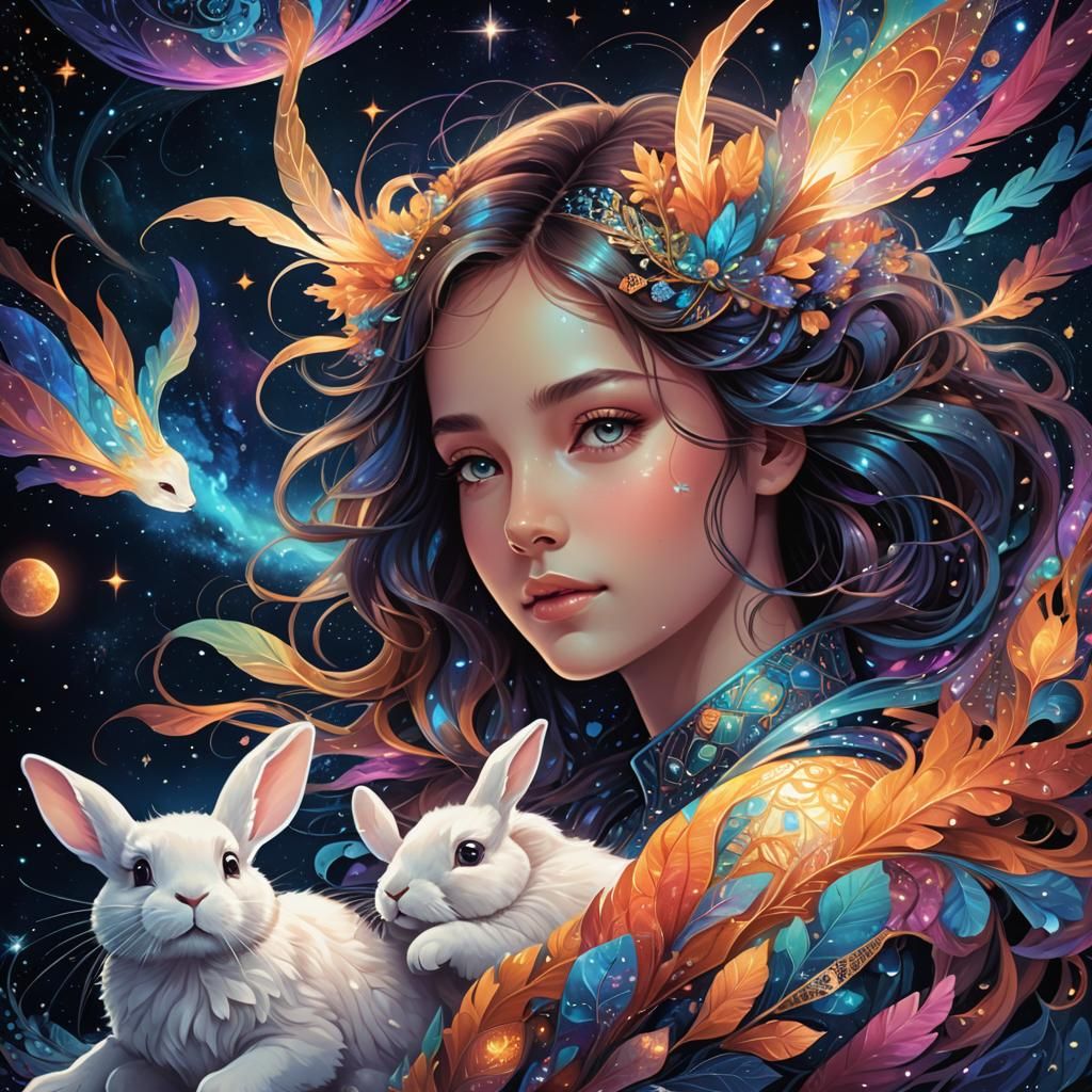 Girl with Rabbits in Space: Abstract Vector Fractal