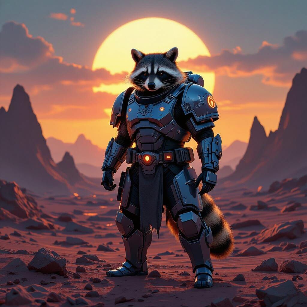 Raccoon Space Marine on Alien Planet