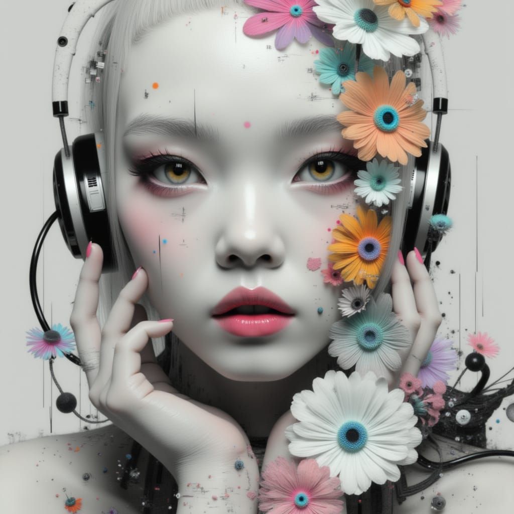 Enigmatic Biomechanical Woman with Floral Accents