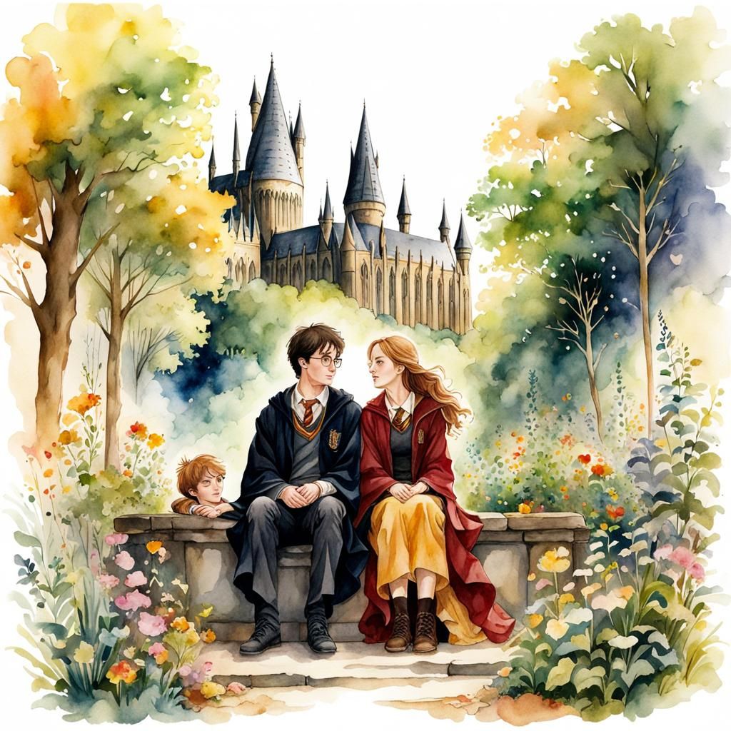 Harry and Hermione: Watercolour Love at Hogwarts
