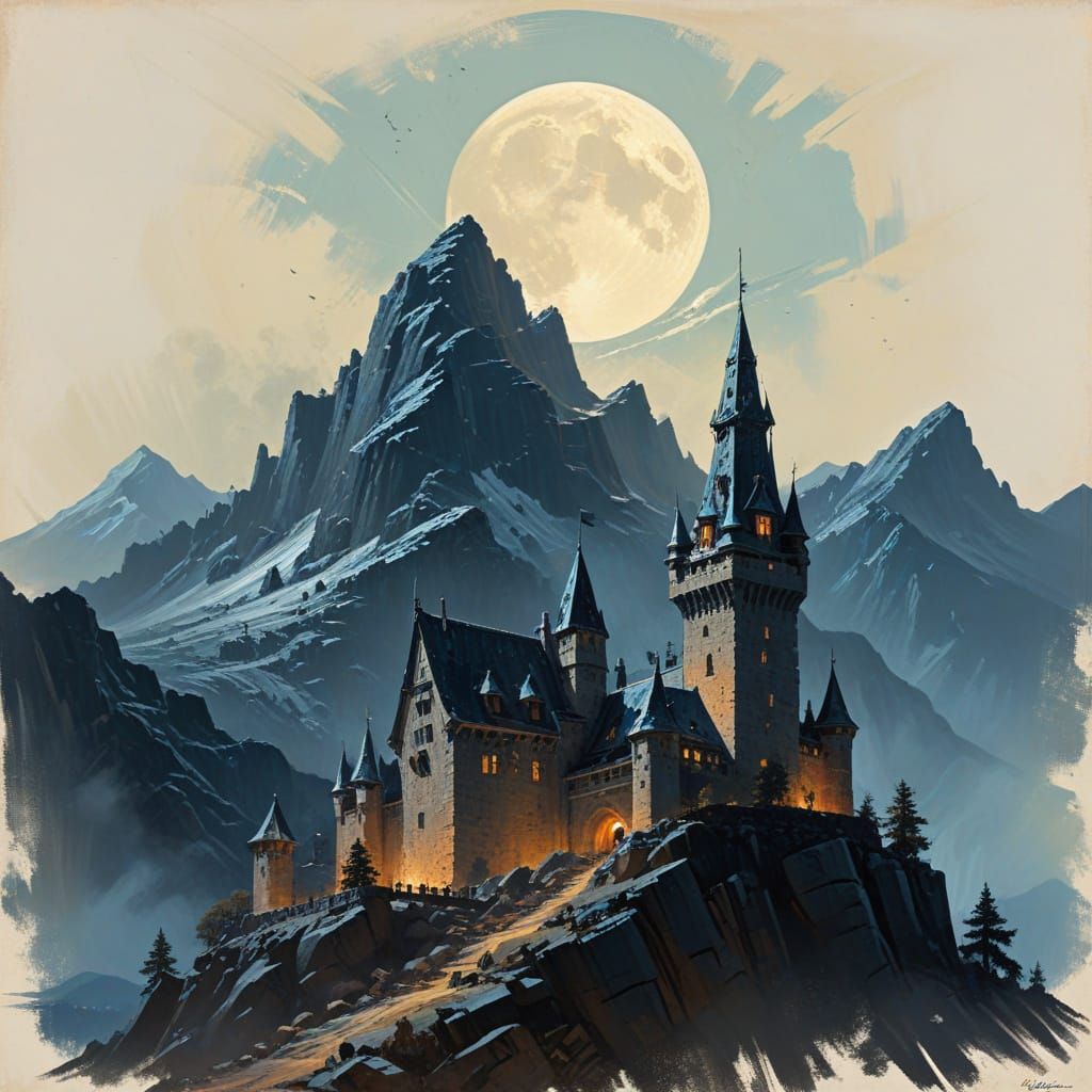 Dramatic Castle Under Full Moon in Frazetta Style