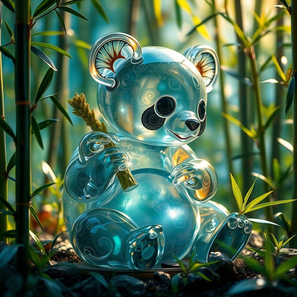 Glass Baby Panda Sits Among Vibrant Bamboo