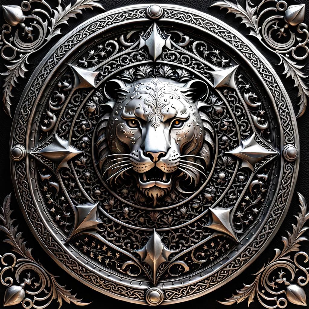 Detailed Silver Shield with Panther and Thistle