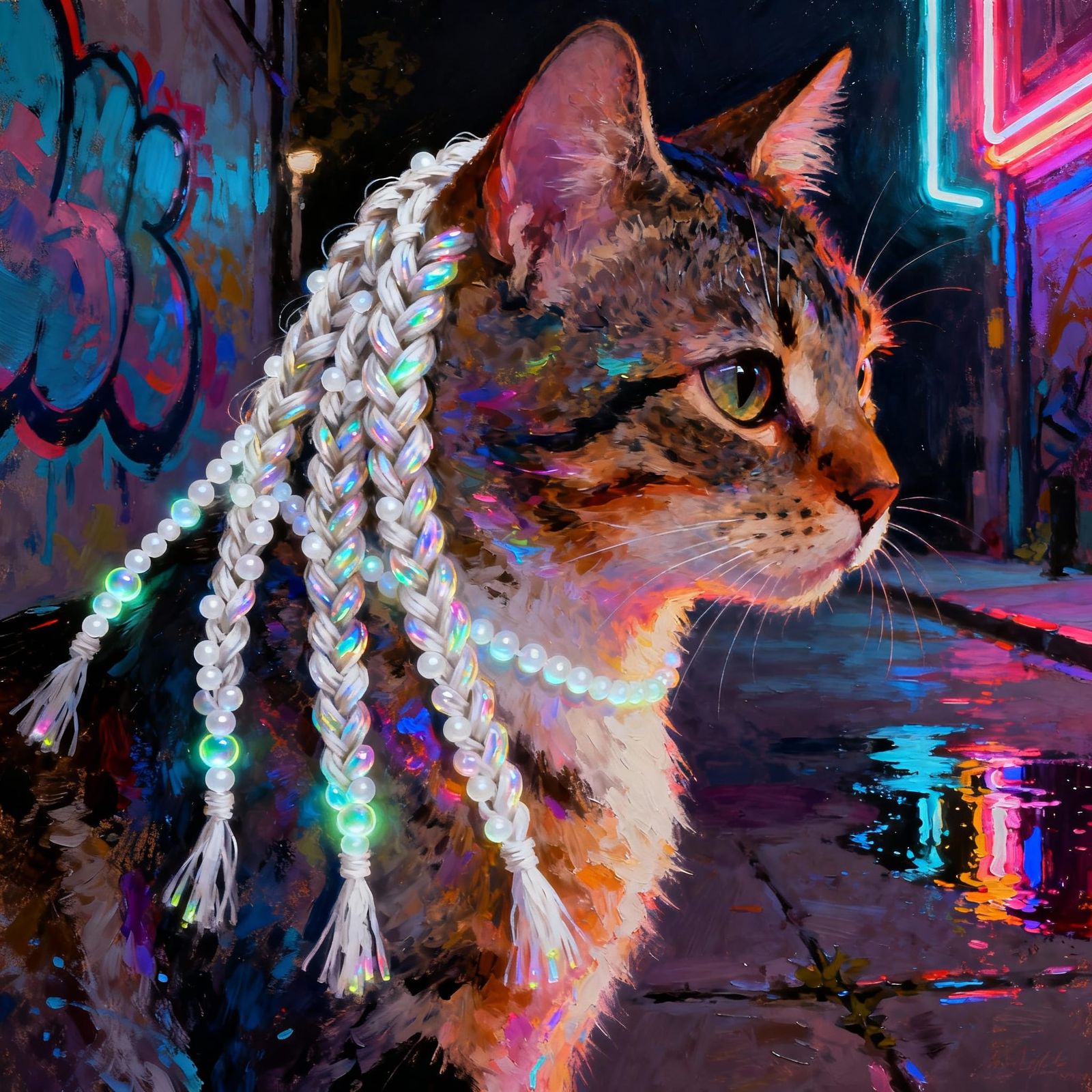 Beautiful Cat with Bioluminescent Beads in Street Art Style