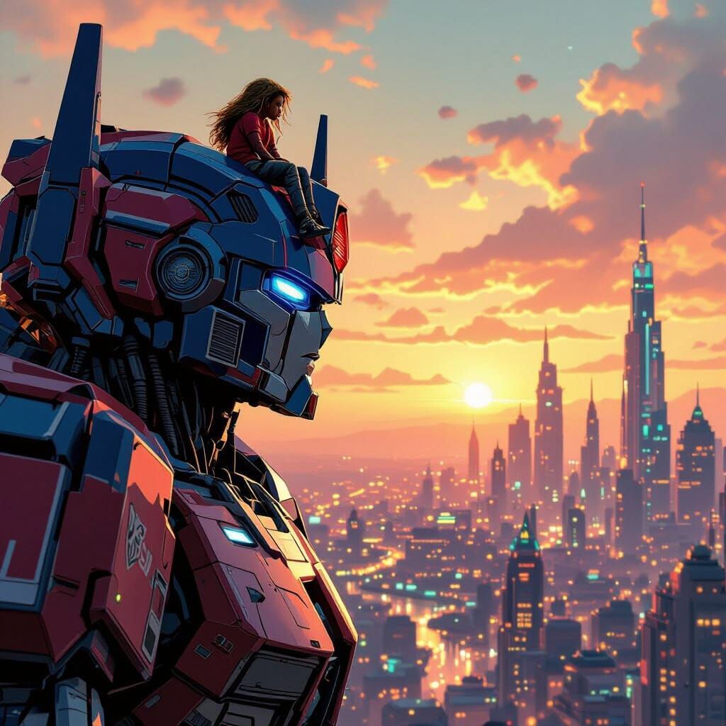 Boy on Optimus Prime in Futuristic Cityscape