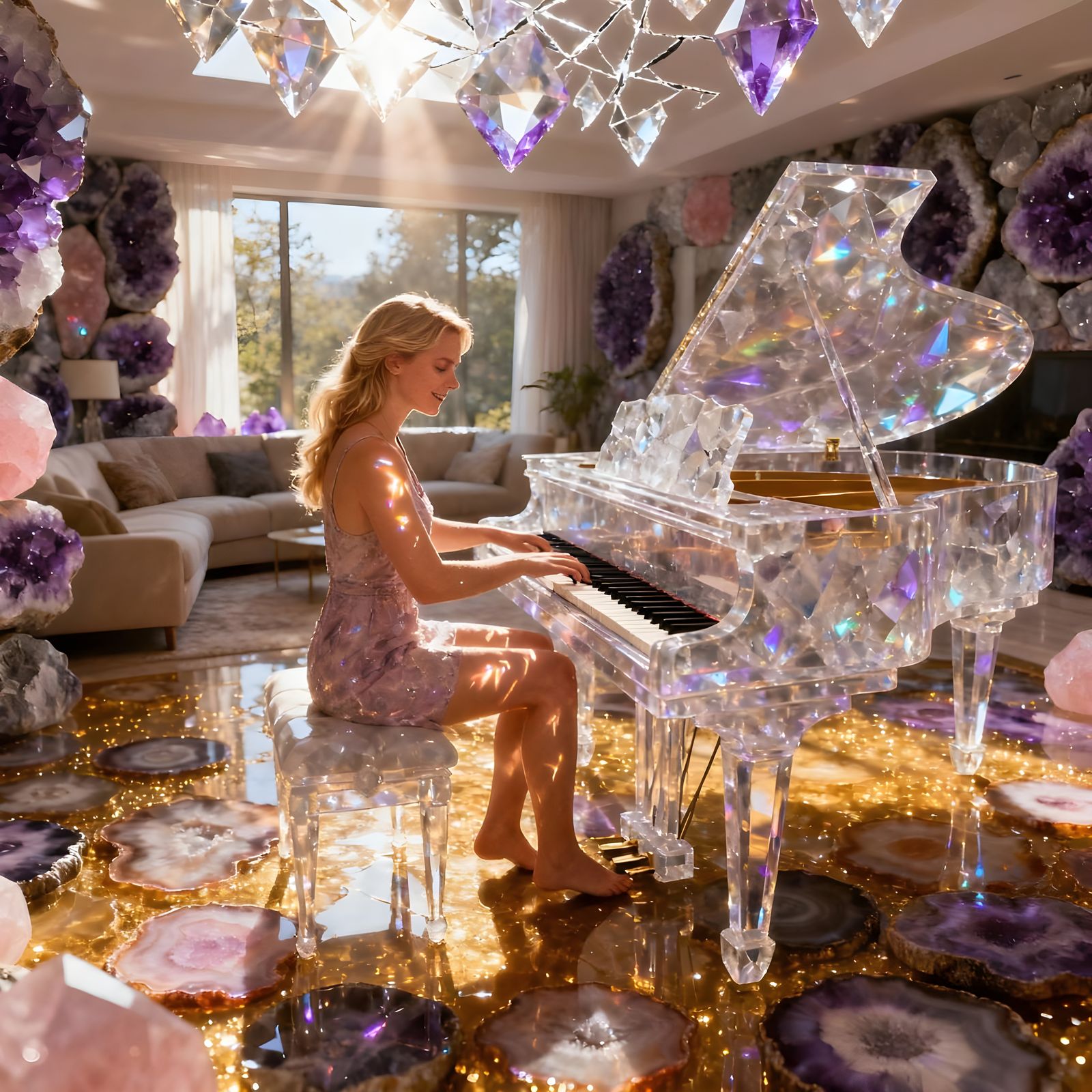 Woman Plays Crystalline Piano in Gemstone Home