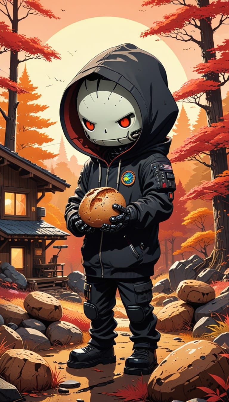 Chibi Terminator in Cozy Forest Cabin