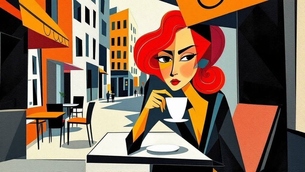 Cubist Woman at Cafe, in Picasso Style