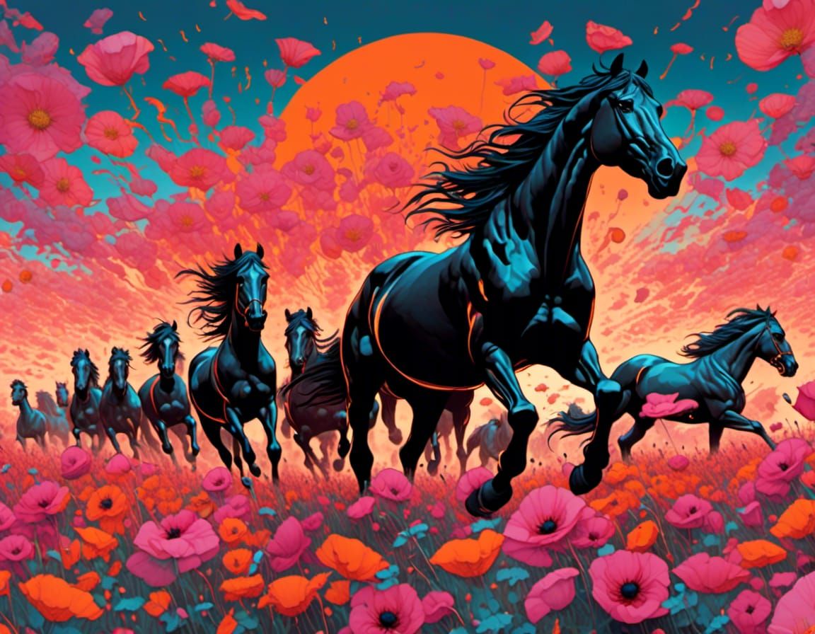 Black Horses Gallop Through Poppies: Dynamic Art