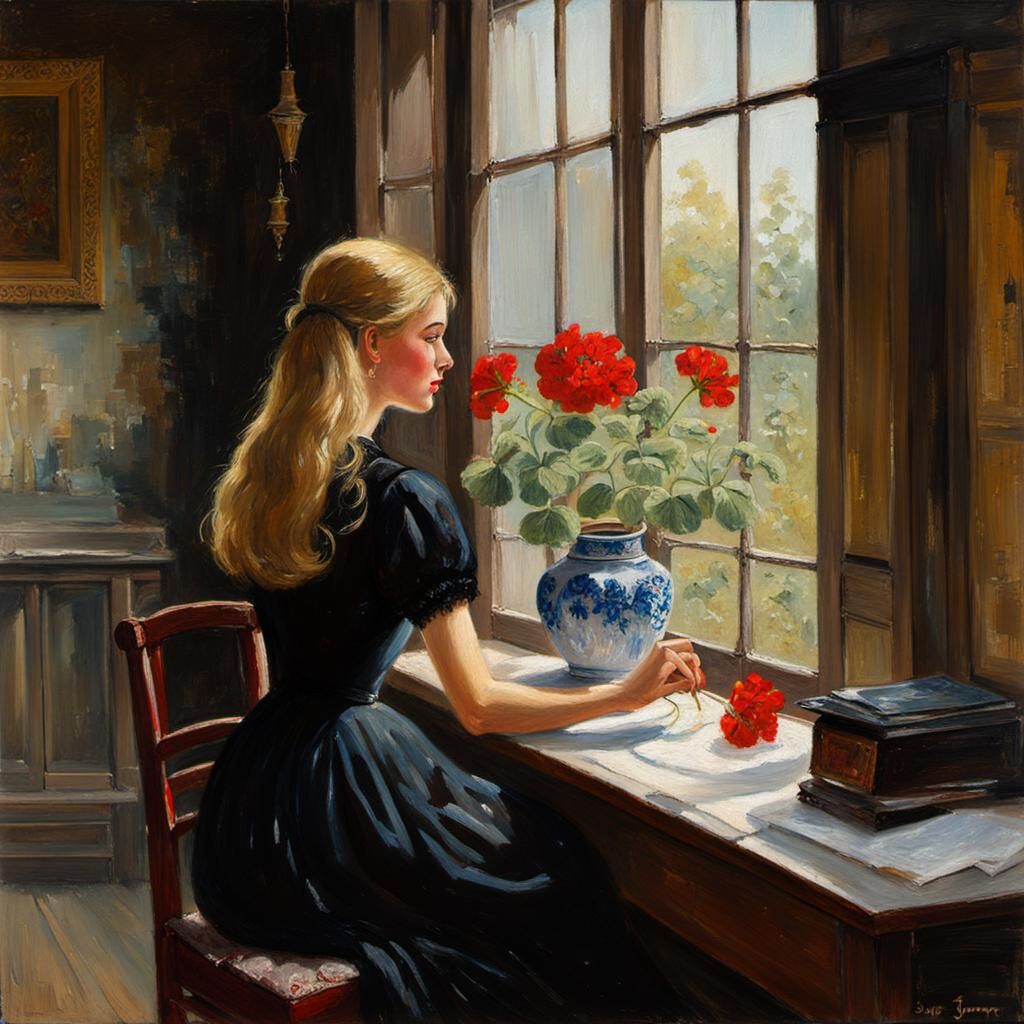 Teenager Embroidering by Window: Oil Painting Style