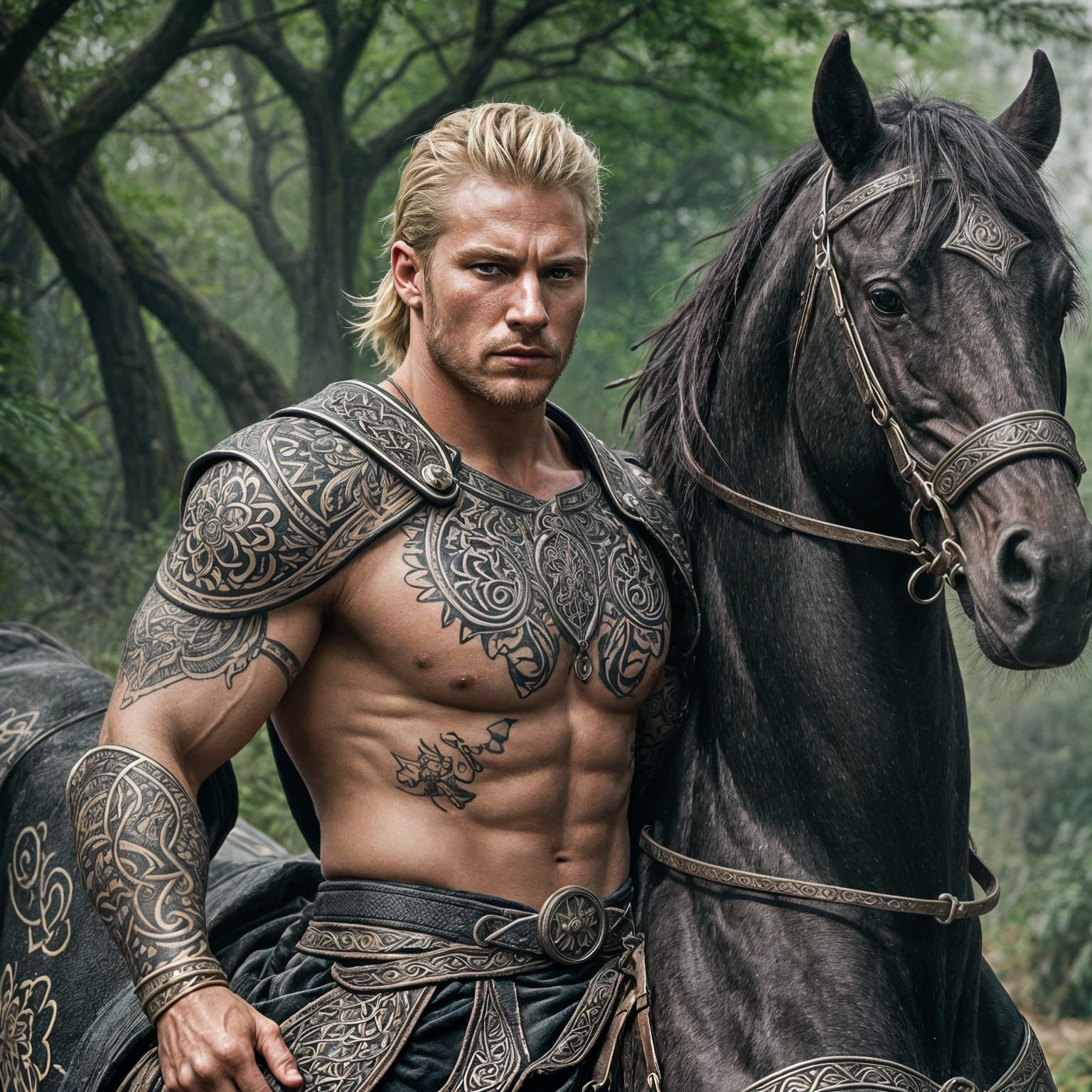 Imagine a tattooed blond male celtic warrior, riding a black...