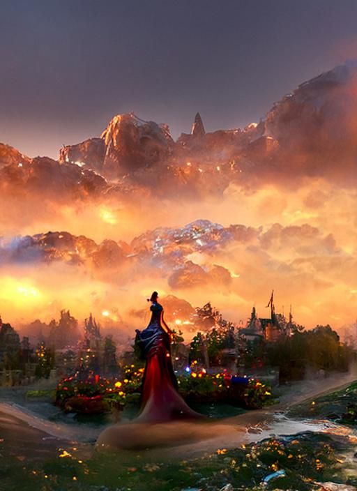 Ethereal Ballgown in a Detailed Fantasy Landscape