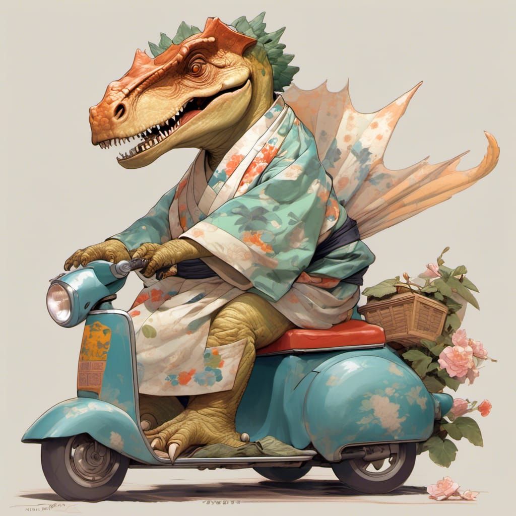 Dinosaur in Kimono on Scooter, Leyendecker Style