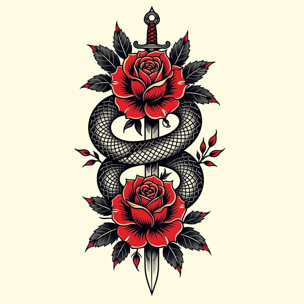 Mystical Snakes and Roses Tattoo Flash Sheet