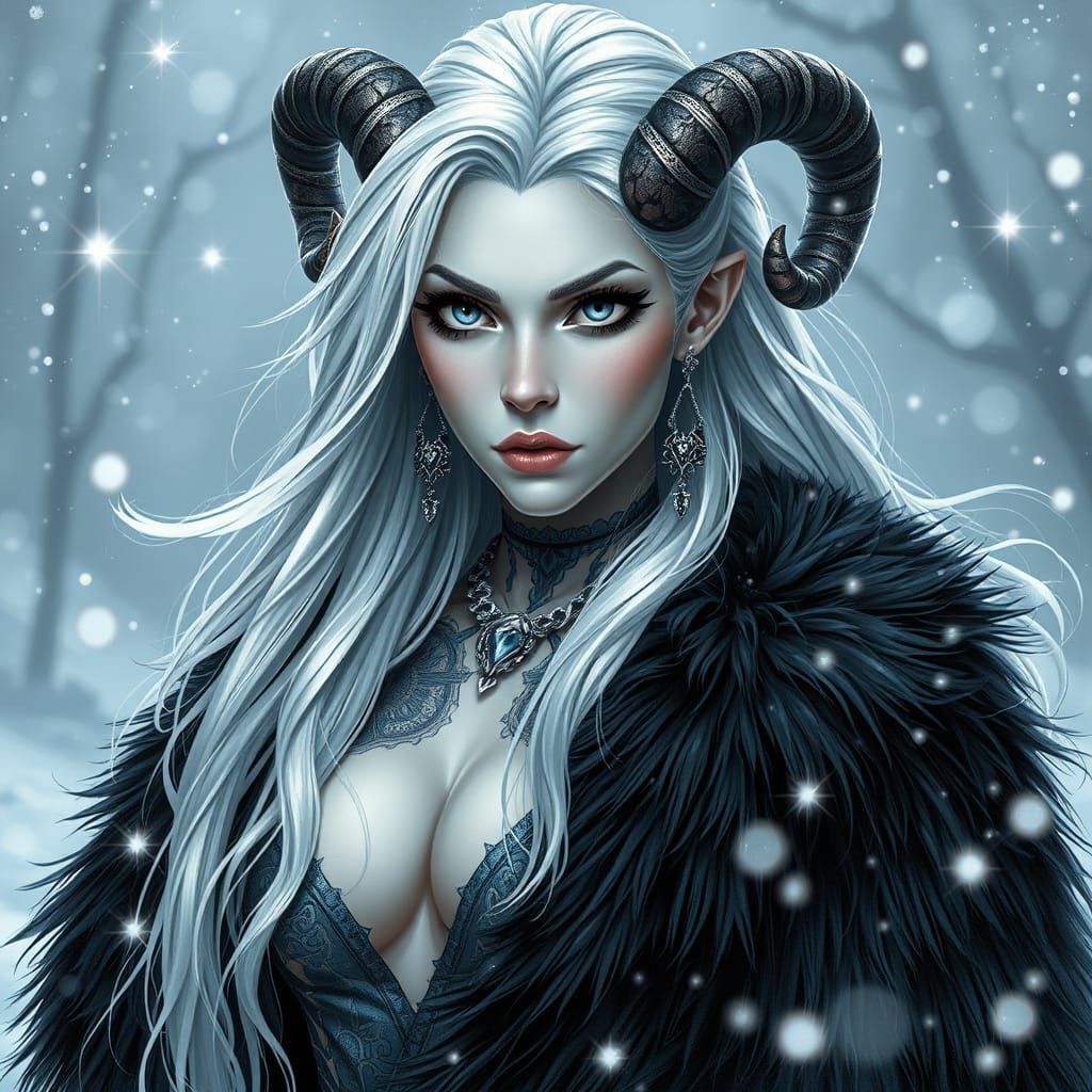 Silver Skinned Woman in Winter Scene, Digital Painting