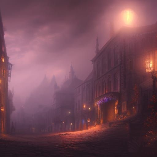 Cobblestone Street at Night: Detailed Matte Painting