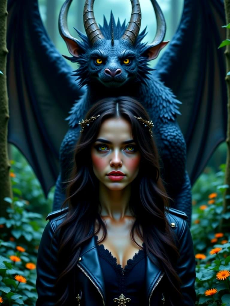 Mystical Forest Sorceress with Dragon Guardian