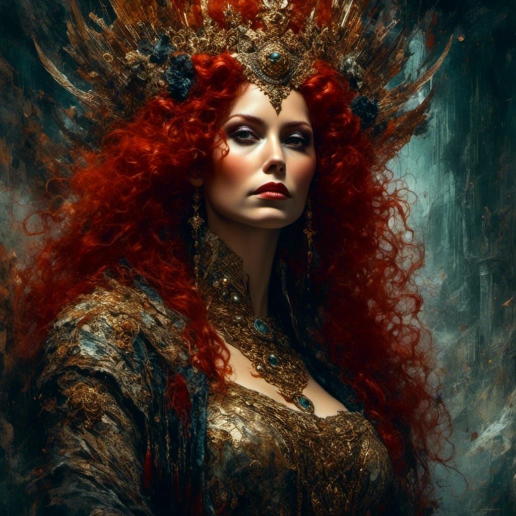 Detailed Red-Haired Queen in Maximalist Digital Art